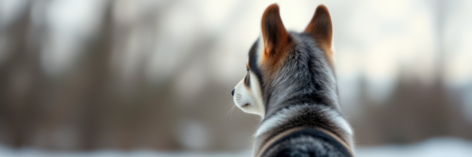 Beautiful winter landscape with a dog looking towards the snowy forest in cold weather during early morning light